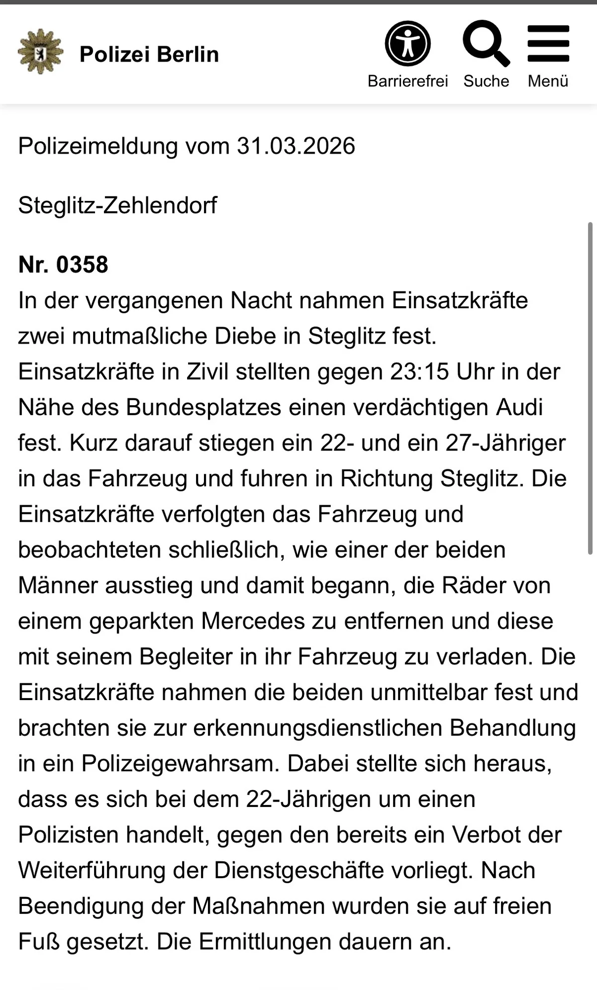 Berliner Polizei nimmt erneut Berliner Polizist fest