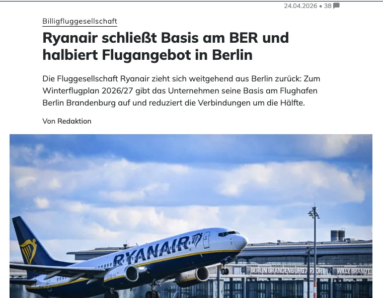 Zellentür geht zu: Nach "Lufthansa" streicht "Ryanair" seine Deutschlandflüge zusammen