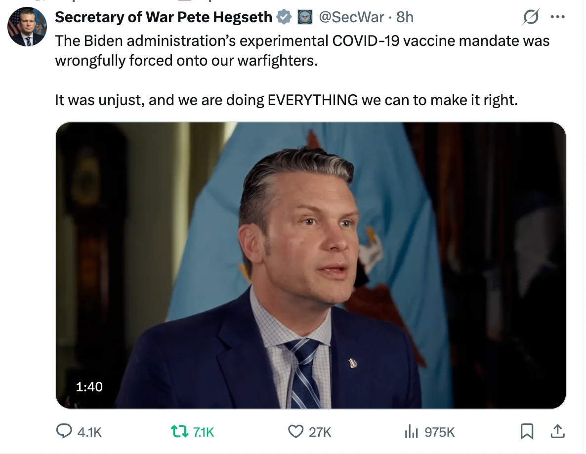 US-Kriegsminister: "Impfung" gegen COVID war "experimentell"