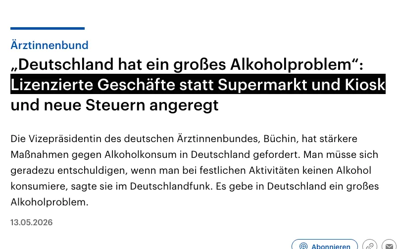 Deutsche Ärztefunktionäre fordern staatliche Alkoholkontrolle