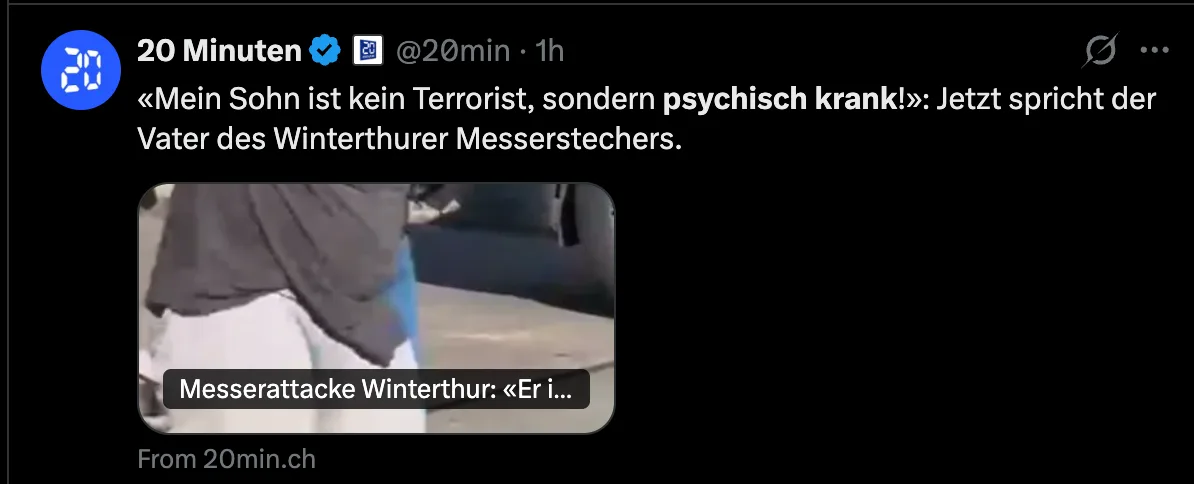 Immer wieder: Auch Moslem-Attentäter von Winterthur sei "psychisch krank"