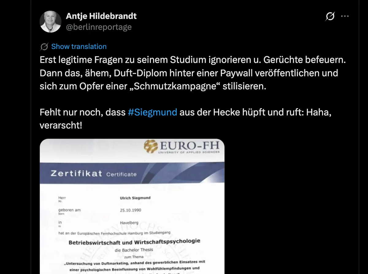 "Duft-Diplom": Regimebüttel versuchen Ulrich Siegmund (AfD) zu verspotten - entlarven sich aber nur selbst