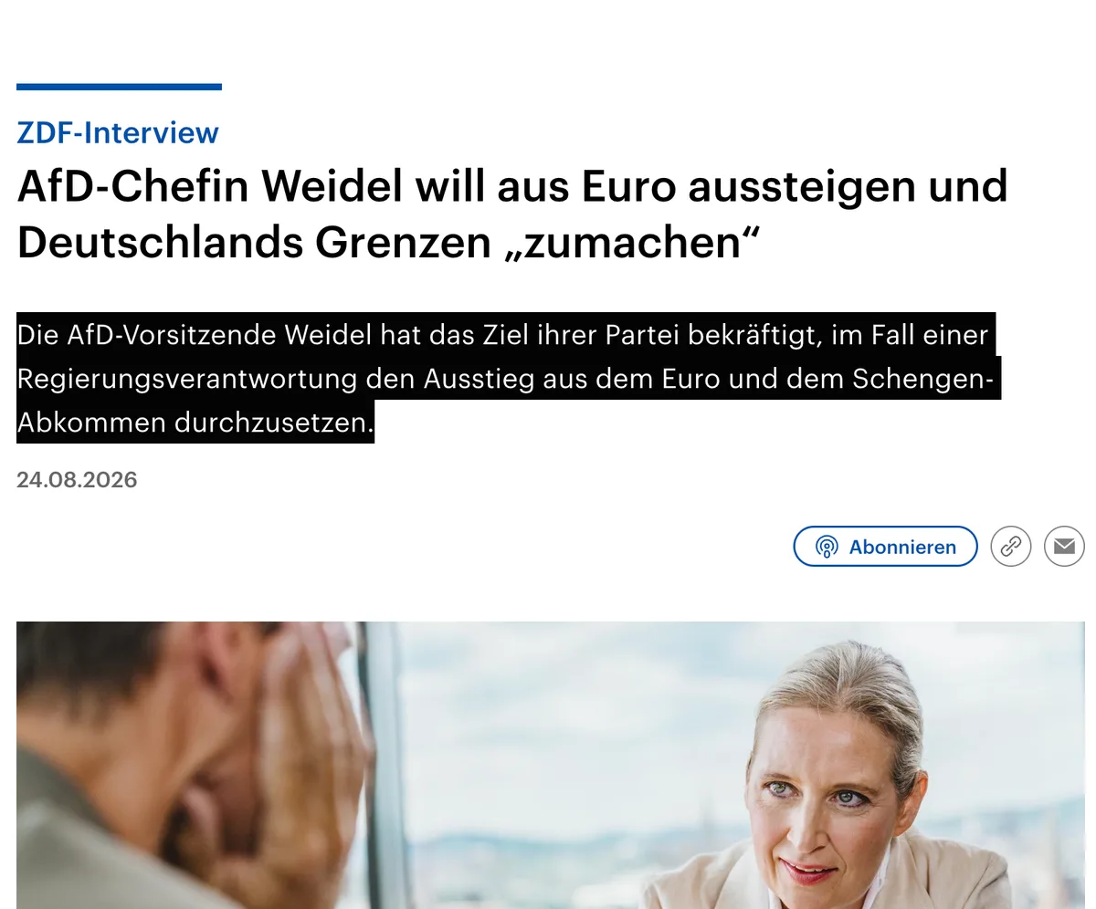 Euro- & Schengen-Ausstieg bei AfD-Regierung: Alice Weidel legt sich fest