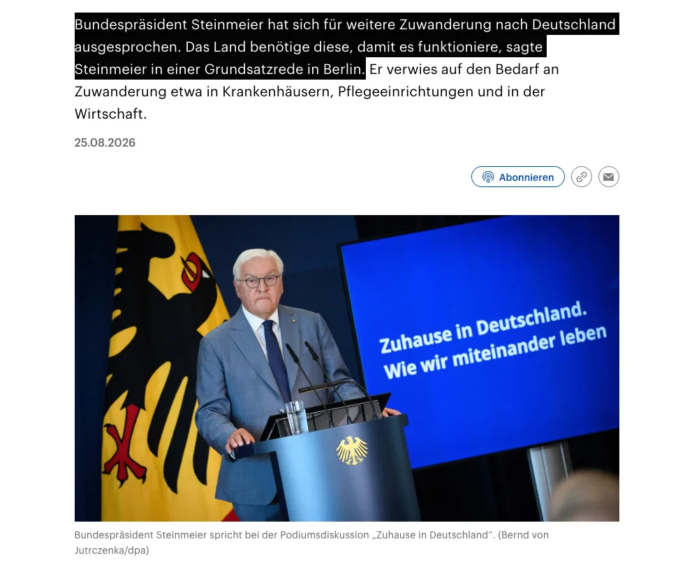 Frank Steinmeier fordert "weitere Zuwanderung" nach Deutschland