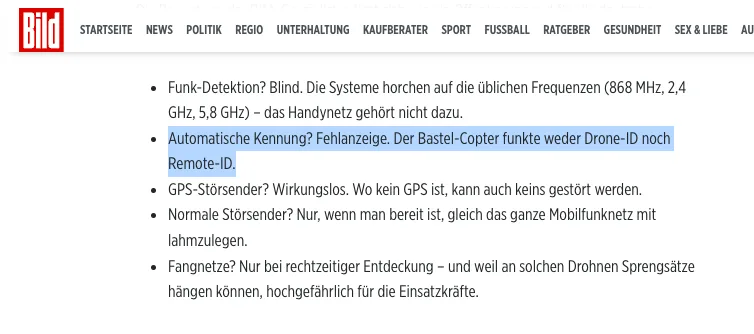 Bild-Zeitung schockiert: Drohne von Leipzig sendete keine Warnung vor sich selbst!
