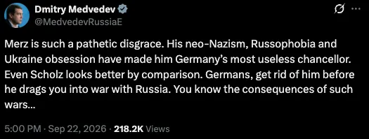 Russlands E-Präsident auf X: Deutsche, werdet Friedrich Merz los, bevor er Euch in einen Krieg mit Russland stürzt