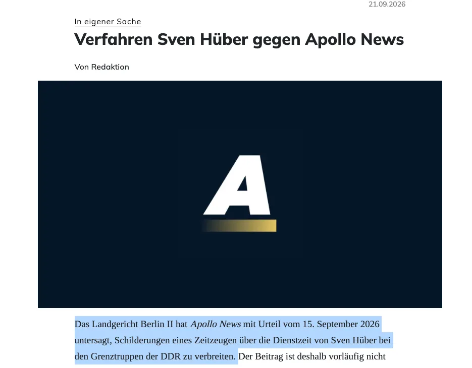 Fall Sven Hüber: Gericht verbietet „Apollo News“-Video – trotzdem bleibt es verfügbar