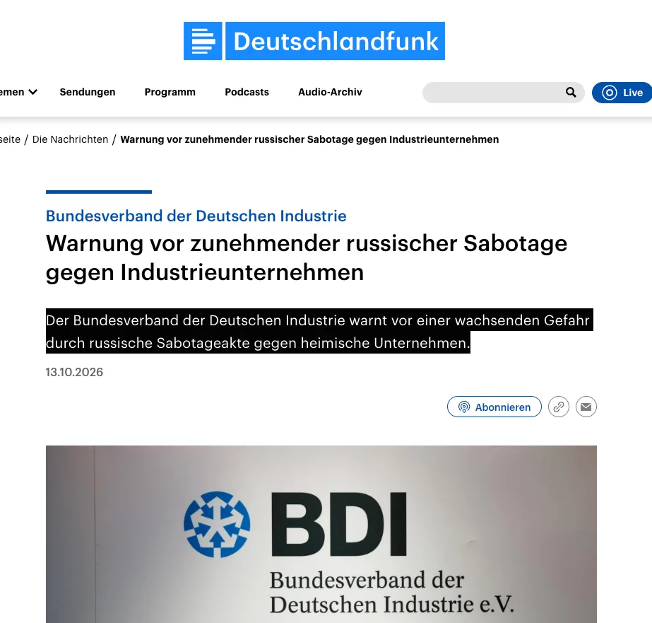 Regimetreue Lobby: Deutscher Industrieverband "BDI" warnt vor "Russischer Sabotage"