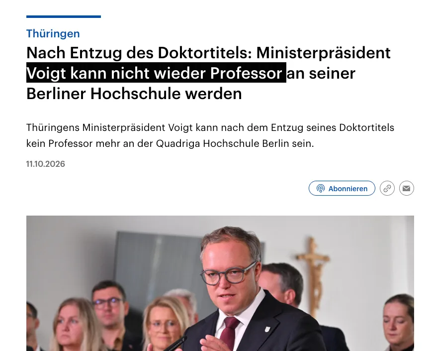 Gammliges Mettbrötchen: Titelbetrüger Mario Voigt (CDU) verliert auch Pseudo-"Professur"