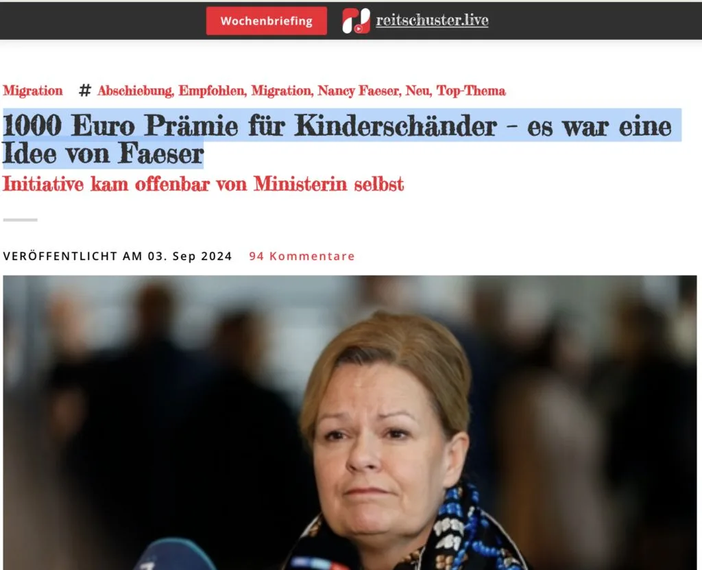 Frage: Wie abgrundtief bösartig ist Nancy Faeser? Antwort: Das 1.000 EUR "Handgeld"-Geschenk für den Kinderschänder-Afghanen war ihre Idee