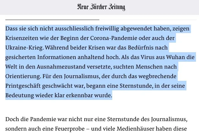 Keine Satire: "NZZ" feiert ausgerechnet in einer "Medienkritik" die Corona-Berichterstattung der Systemmedien als "Sternstunde des Journalismus"
