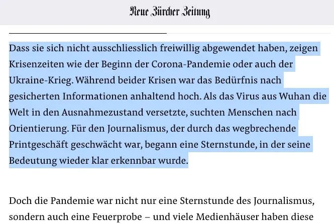 Keine Satire: "NZZ" feiert ausgerechnet in einer "Medienkritik" die Corona-Berichterstattung der Systemmedien als "Sternstunde des Journalismus"