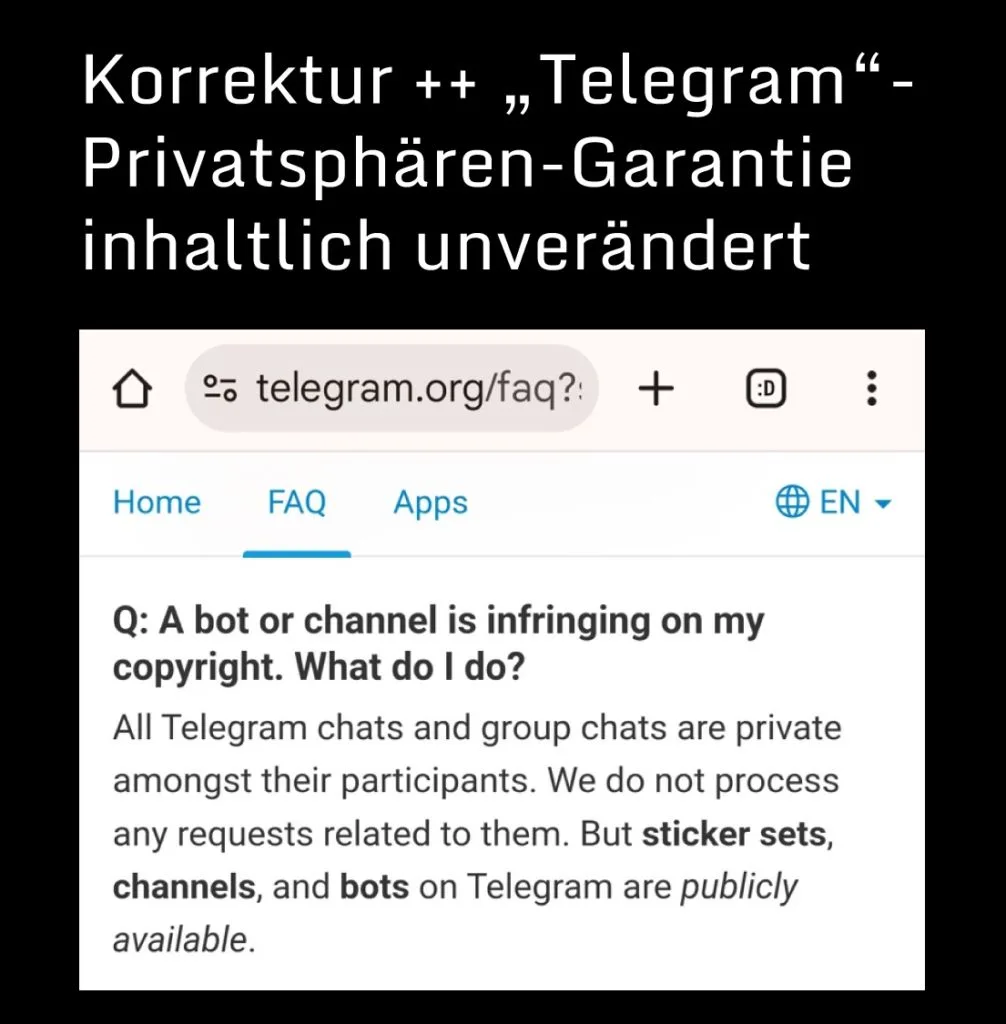 Korrektur + "Telegram"-Privatsphären-Garatie unverändert