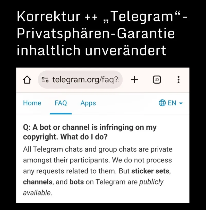 Korrektur + "Telegram"-Privatsphären-Garatie unverändert