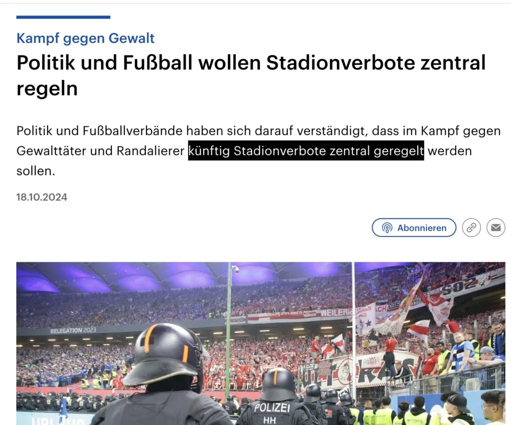 Zentrales Stadionverbot für Sozialschädlinge im gesamten Reich