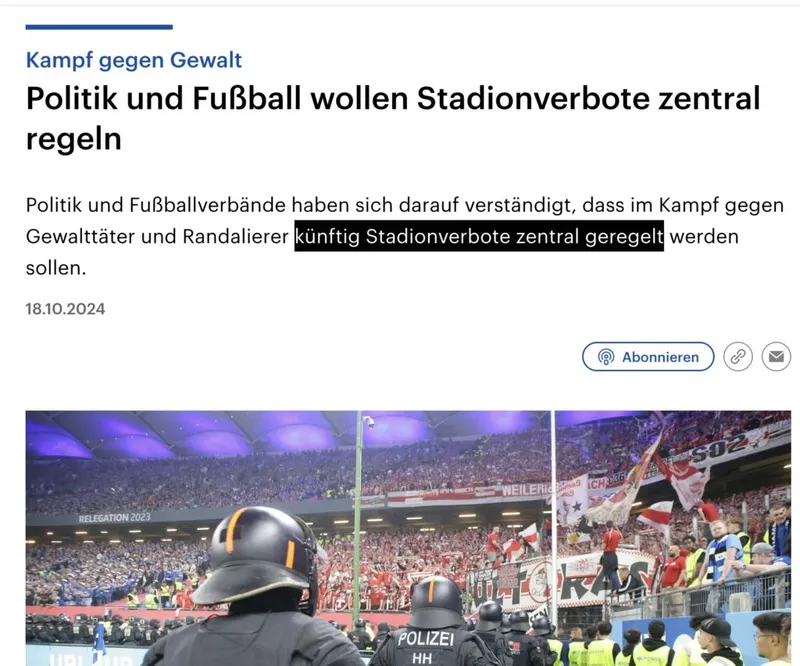 Zentrales Stadionverbot für Sozialschädlinge im gesamten Reich