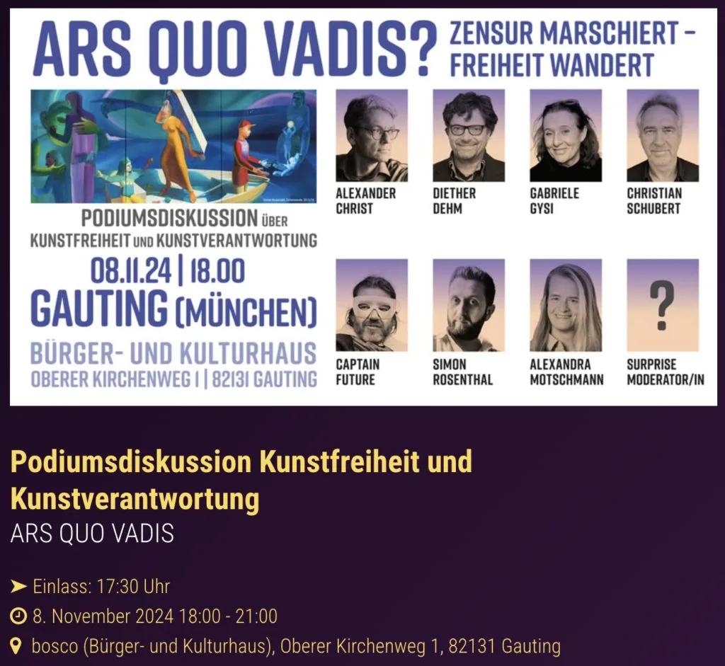 Empfehlung: Podiumsdiskussion Kunstfreiheit und Kunstverantwortung, 8.11.24 in München