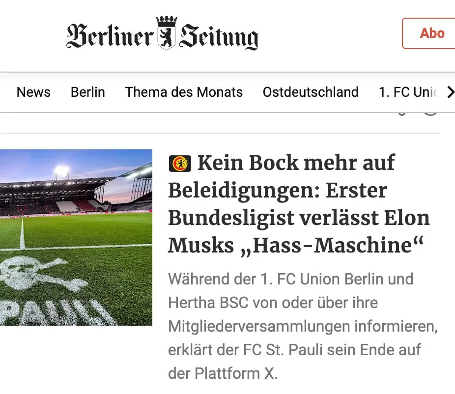 Nächste Woko-Propaganda-Truppe ("FC St. Pauli") verlässt X, weil sie Widerrede nicht erträgt. Berliner Stasi-Zeitung macht daraus: "Erster Bundesligist" habe "keinen Bock mehr auf Hass-Maschine" :)