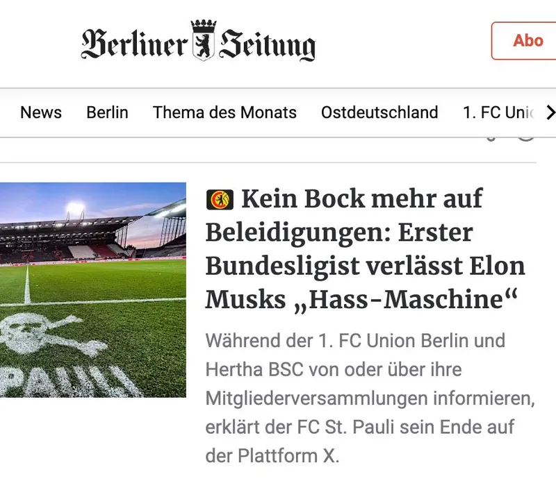 Nächste Woko-Propaganda-Truppe ("FC St. Pauli") verlässt X, weil sie Widerrede nicht erträgt. Berliner Stasi-Zeitung macht daraus: "Erster Bundesligist" habe "keinen Bock mehr auf Hass-Maschine" :)