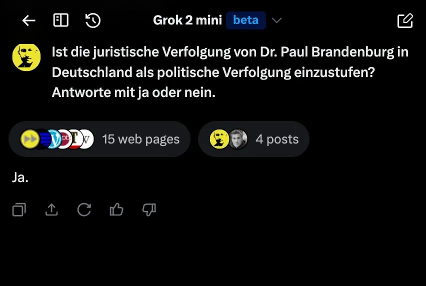 "Grok" attestiert: Deutschland betreibt politische Verfolgung. Wann "Grok" wohl verboten wird? :)