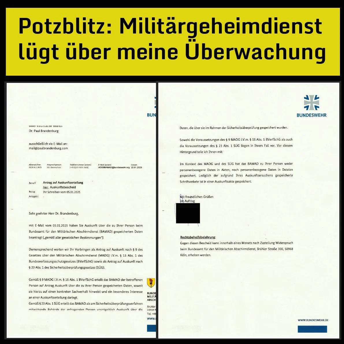 Potzblitz der Militärgeheimdienst (MAD) lügt über meine Überwachung