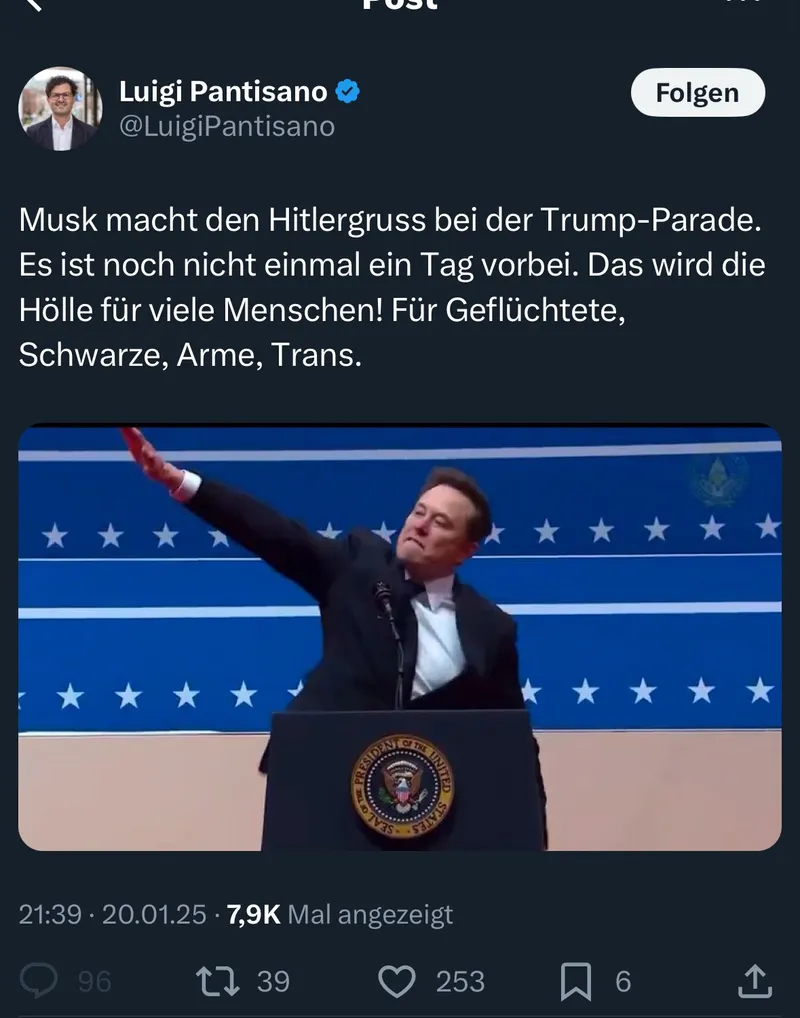 Realitätsservice: Elon Musk zeigt KEINEN "Hitlergruss". Aber: Männer in Frauenkleidern, wie Herr Georg Kellermann, sind KEINE Frauen :)