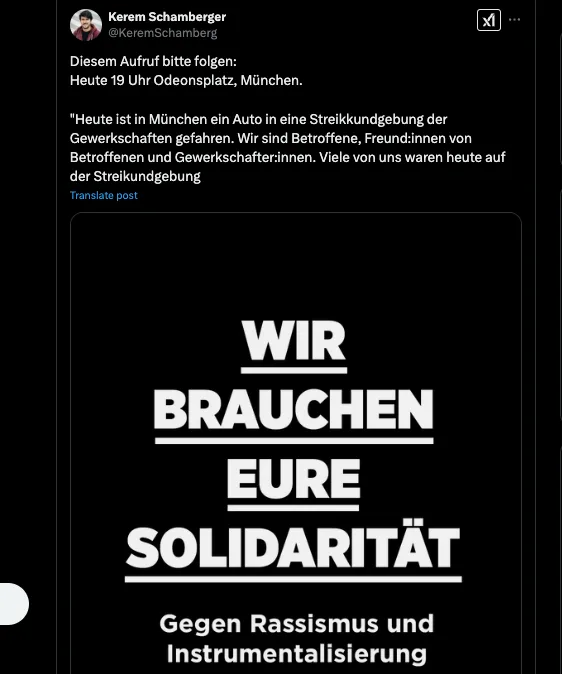 Der Kurde @keremschamberg möchte, dass möglichst viele heute seinem Demo-Aufruf folgen, um Solidarität mit dem (neuesten) Attentat-Migranten Farhad Noori zeigen.