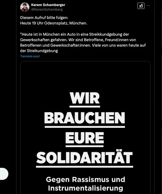 Der Kurde @keremschamberg möchte, dass möglichst viele heute seinem Demo-Aufruf folgen, um Solidarität mit dem (neuesten) Attentat-Migranten Farhad Noori zeigen.