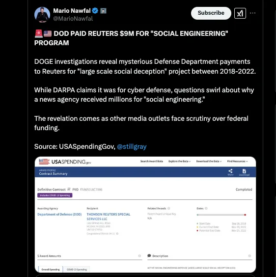 ?? "(US-Verteidigungsministerium) ZAHLTE REUTERS 9 MIO. DOLLAR FÜR „SOCIAL ENGINEERING“-PROGRAMM"