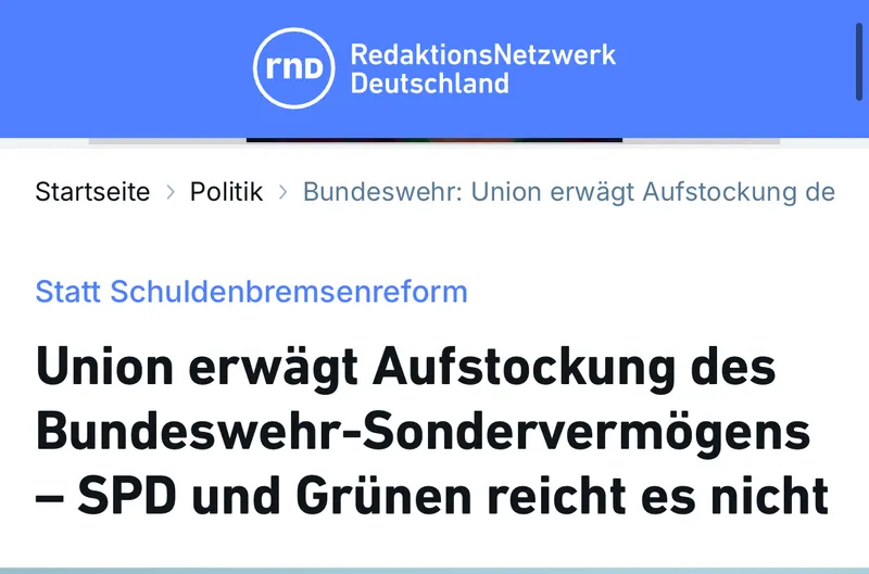 "Sondervermögen" sind Schulden und "Aufstockung" ist Vermehrung dieser Schulden zu Lasten der Steuerzahler. Die Lügenpresse verbreitet nur noch Propaganda des Regimes. Beide müssen beseitigt werden.