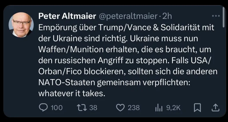 Kriegsbegeisterte Gallertberge wie @peteraltmaier und Trampolinmädchen wie @ABaerbock sollten direkt an die Front geschafft und dort 24/7 im Livestream gezeigt werden.