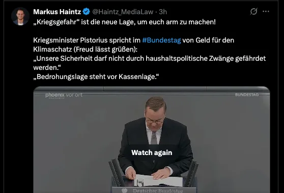 Die @wef-Marionette Boris Pistorius (SPD) erklärt den Insassen von Deutschland das Prinzip ihrer Ausschlachtung: "Bedrohungslage geht vor Kassenlage".
