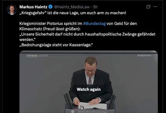 Die @wef-Marionette Boris Pistorius (SPD) erklärt den Insassen von Deutschland das Prinzip ihrer Ausschlachtung: "Bedrohungslage geht vor Kassenlage".