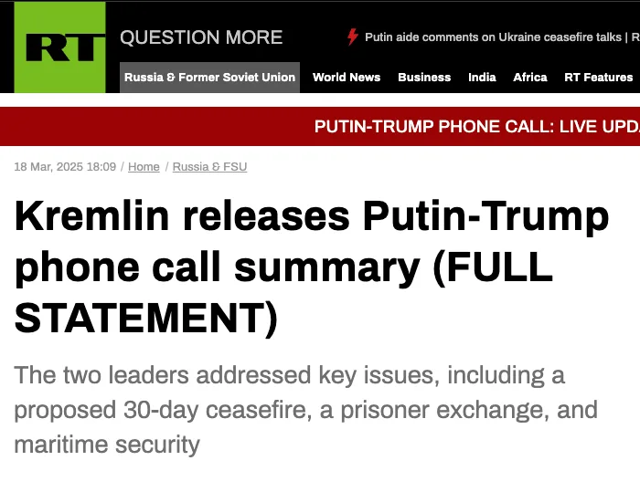RT schreibt: "Kreml veröffentlicht Zusammenfassung des Telefongesprächs zwischen Putin und Trump…