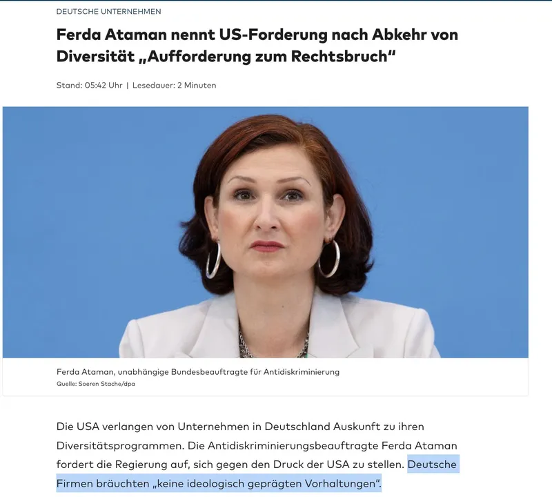 Gallopierende Verbaerbockung: Ideologie-Predigerin Ferda Ataman behauptet laut @welt plötzlich: "Deutsche Firmen bräuchten keine ideologisch geprägten Vorhaltungen“ ☺️