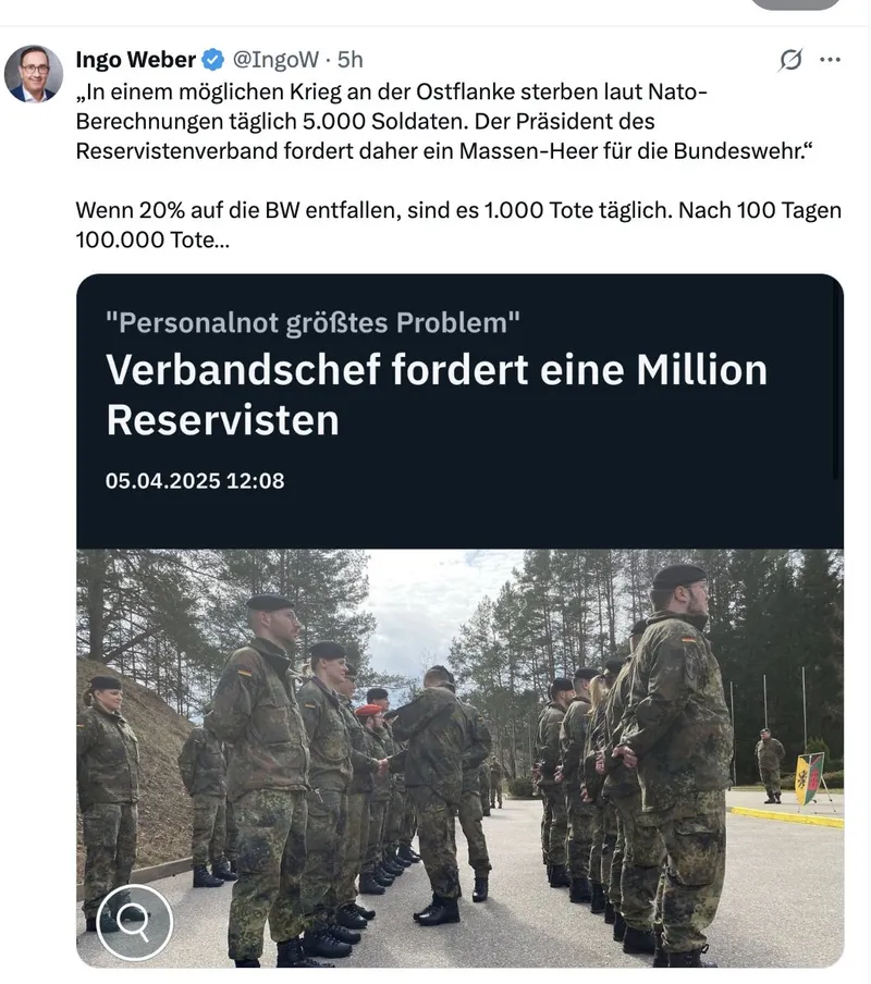 Unser Unrechtsregime droht nun mit 1.000 toten Deutschen täglich in seinem geplanten Krieg. Würden hingegen nur eine Handvoll der Täter rechtzeitig sterben, wäre der ganze Wahnsinn verhindert.