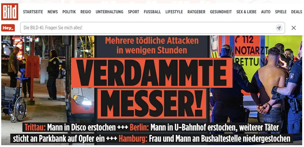 Mörder-"Migranten" schlachten täglich Deutsche ab. Regime-Blatt @bild schreit: "Verdammte Messer!" ?
