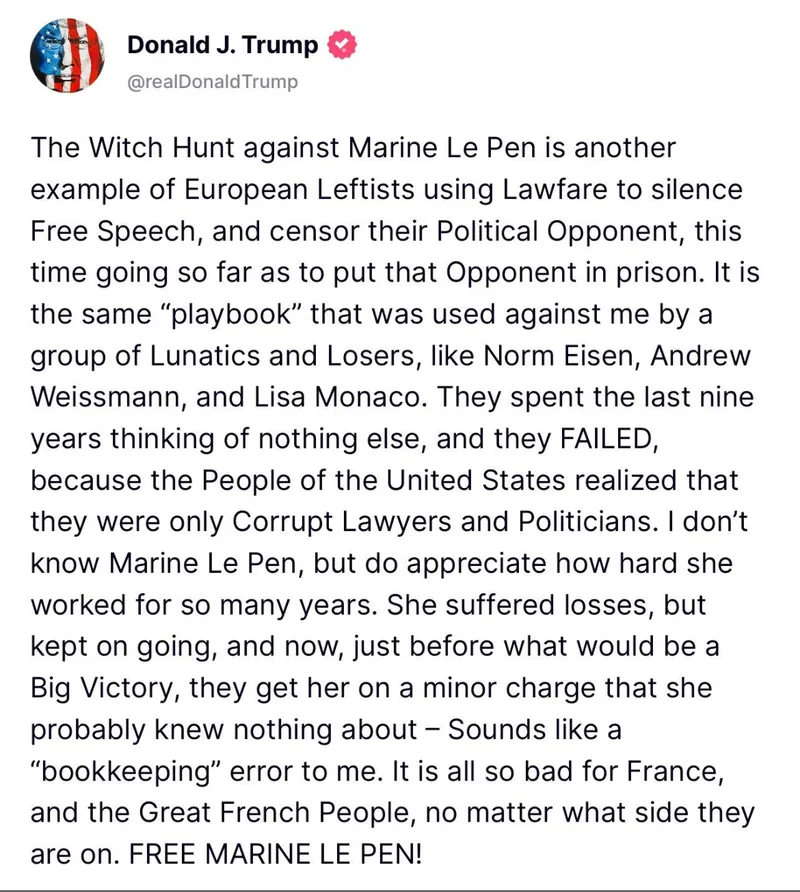 "Free Marine LePen" - @realdonaldtrump