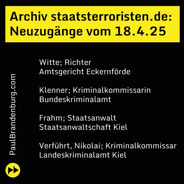 Neuzugänge vom 23.4.2025 im Archiv Deutscher Staatsterroristen / New Entries from 23.4.2025 to the Archive of German State Terrorists: Patrick Seitzer & Claudia Krauth ??/??
