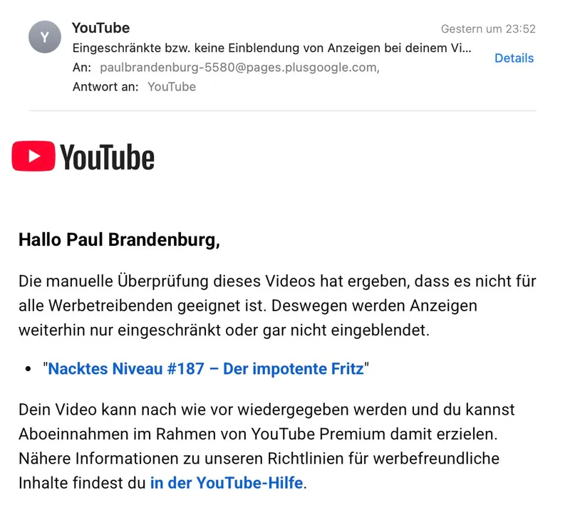 Der nächste "Zufall": Nun verweigert Youtube mir auch die Werbebeteiligung