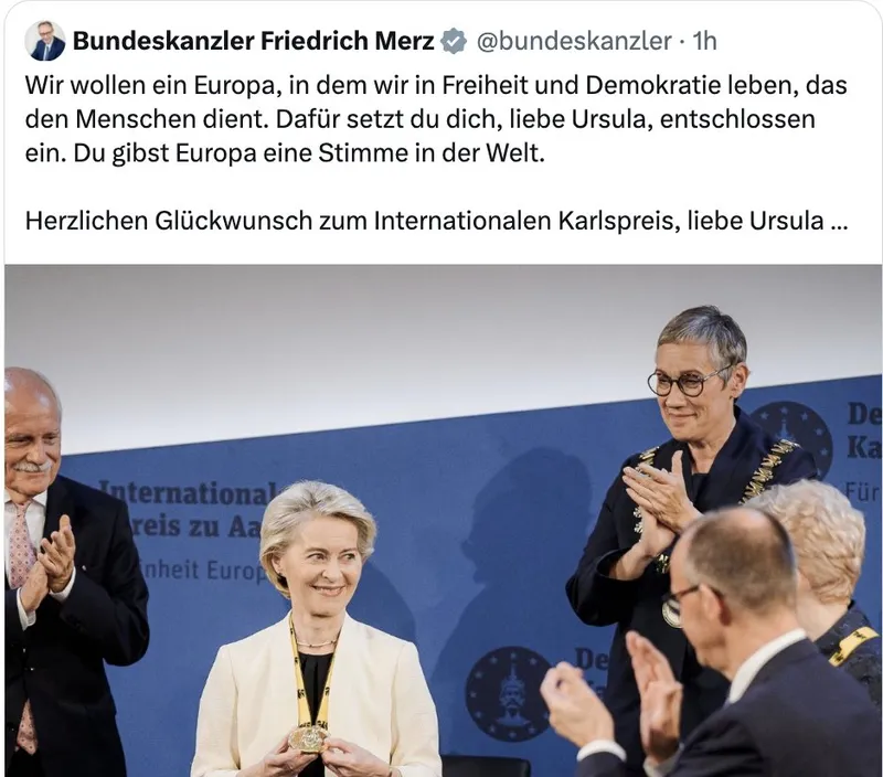 Blackrock-Kanzler mag das: Mafiakönigin Ursula @vonderleyen erhält nach ihrem mörderischen Pharmabetrug zu Gunsten von @Pfizer jetzt 1 Million Euro & "Karlspreis" für "Verdienste um Europa"