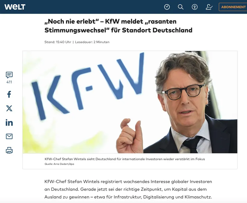 Während Deutschlands Wirtschaft untergeht hebt Chef der Staatsbank "KfW" im Propagandarausch ab: "Globale Investoren" hätten plötzlich massives Interesse an Deutschland - vor allem wegen "Klimaschutzes" ☺️