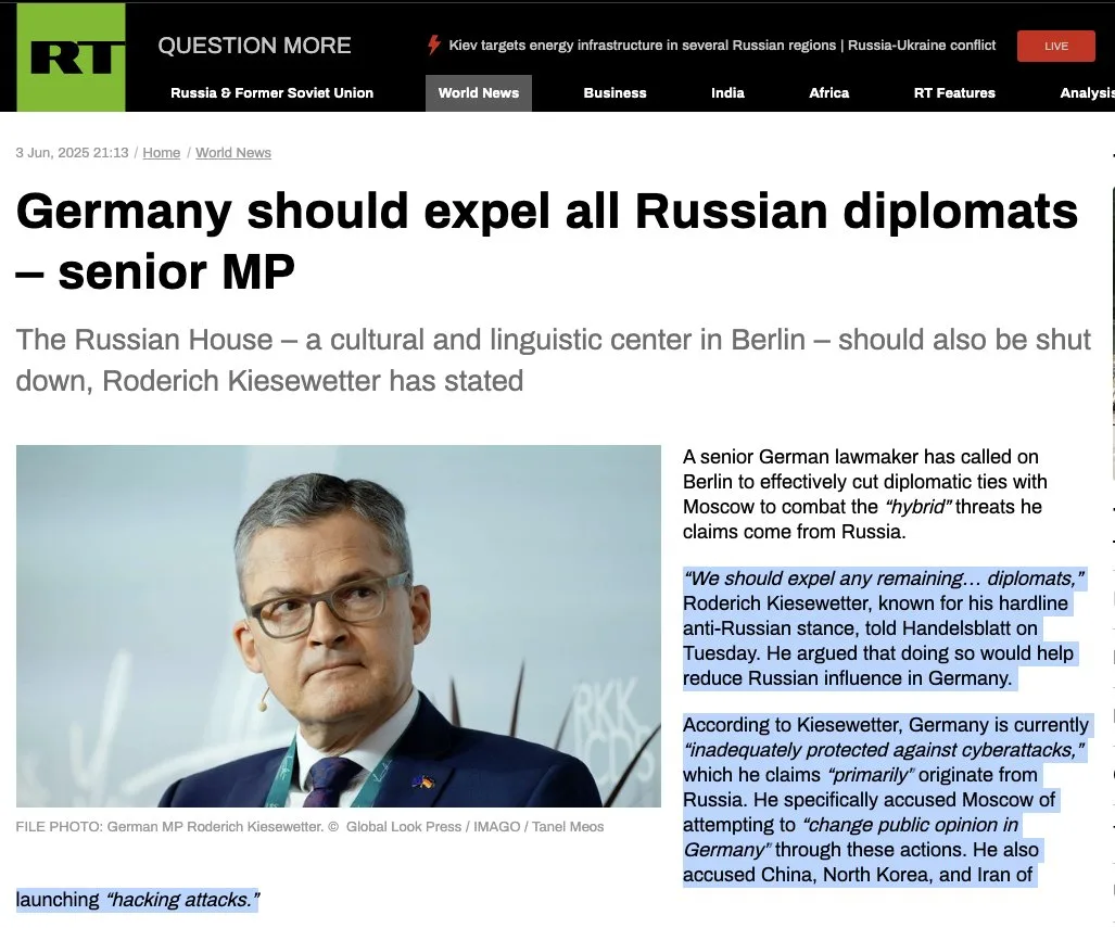 CDU-Politiker und Bundeswehroberst Roderich Kiesewetter fordert laut "RT" Ausweisung "aller verbliebenen russischen Diplomaten" aus Deutschland