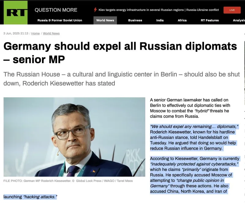 CDU-Politiker und Bundeswehroberst Roderich Kiesewetter fordert laut "RT" Ausweisung "aller verbliebenen russischen Diplomaten" aus Deutschland