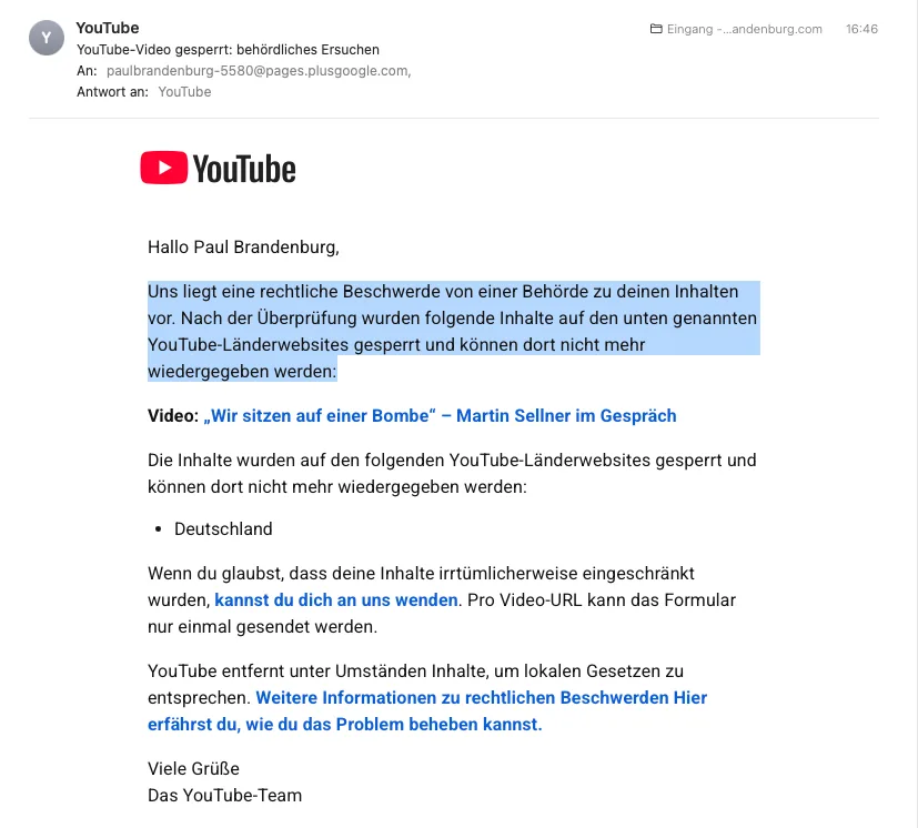 BREAKING ++ Zensur in Deutschland eskaliert: "Behörde" lässt bei Youtube Sellner-Interview sperren