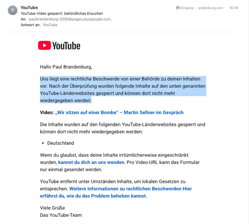 BREAKING ++ Zensur in Deutschland eskaliert: "Behörde" lässt bei Youtube Sellner-Interview sperren