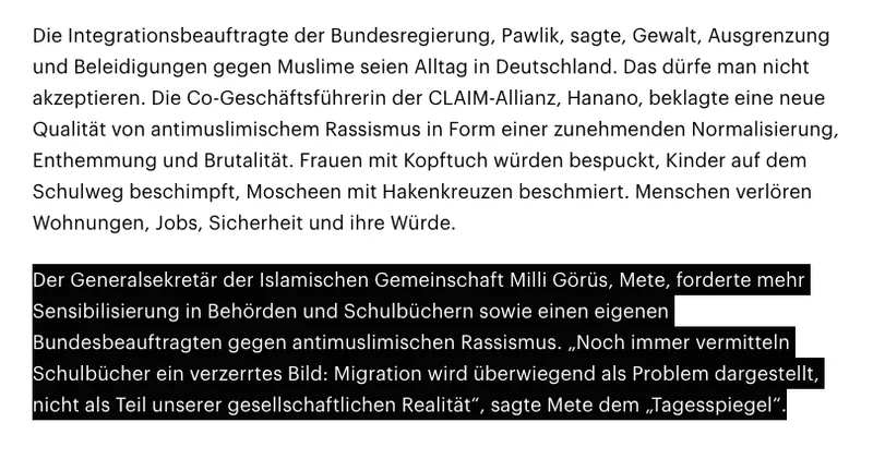 Die "Islamische Gemeinschaft Milli Görus" fordert einen "Bundesbeauftragen gegen antimuslimischen Rassismus"