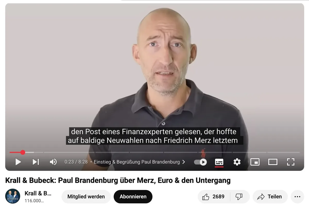Video-Tipp: "Krall & Bubeck: Paul Brandenburg über Merz, Euro & den Untergang"