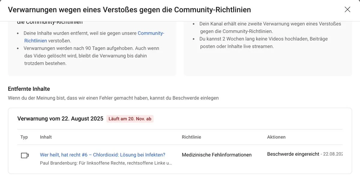 Tech-Faschist @Youtube hat (nach vielen Monaten) heute mein Video über Chlordioxid gelöscht, wegen angeblicher "med. Fehlinformationen".