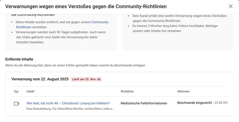 Tech-Faschist @Youtube hat (nach vielen Monaten) heute mein Video über Chlordioxid gelöscht, wegen angeblicher "med. Fehlinformationen".